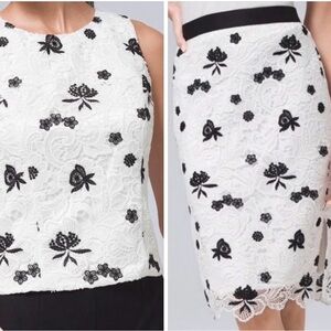 NWT WHBM White and black Lace Two-Piece Skirt Set with Floral Appliqué